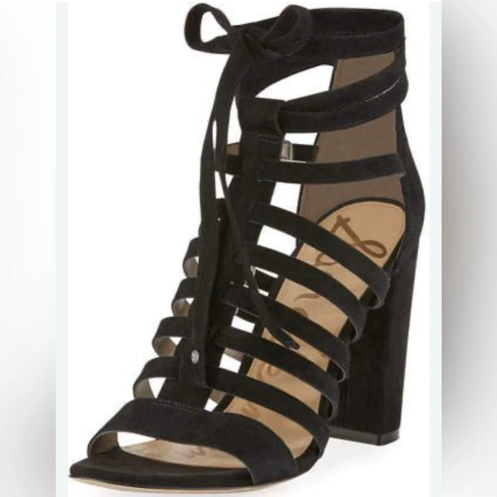 Sam Edelman Yarina Black Strappy 4” Chunky Heel‎ Leather Sandals Women’s 7.5 EUC